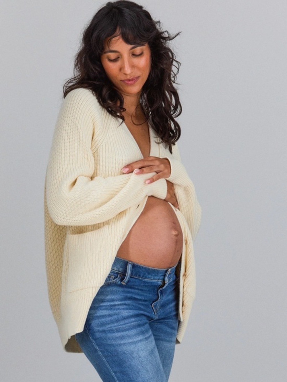 Hatch maternity marlow cotton Cream Ribbed V-Neck Open-Front Sweater medium